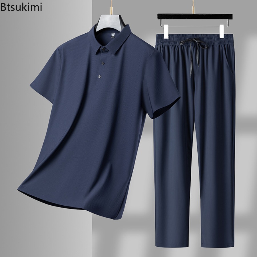 Conjunto informal de para hombre, ropa deportiva transpirable de seda de hielo, camiseta Polo de manga corta y pantalones, chándales, Verano
