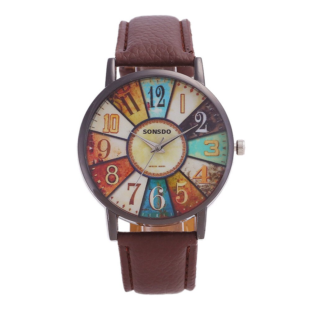 Reloj de cuarzo de estilo Retro para mujer, cronógrafo analógico de cuero de imitación con estampado de grafiti informal: Marrón