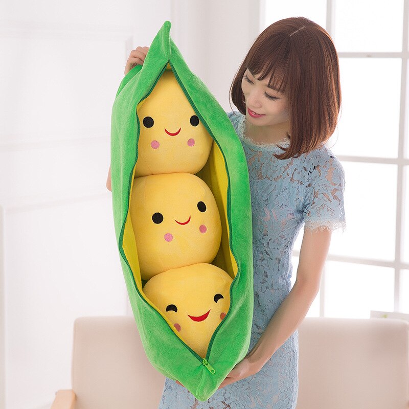 Joli sac de haricot en peluche en forme de gousse de pois avec 3 haricots souriants oreiller doux décoration de la maison FP8: Yellow bigness 25cm