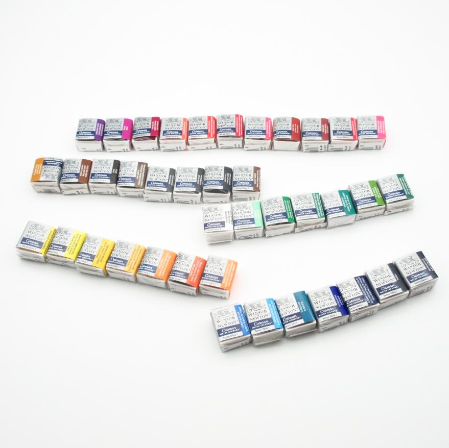 Winsor & newton cotman solid akvarellmaling halvpanne 40 farger blå akvarellpensler