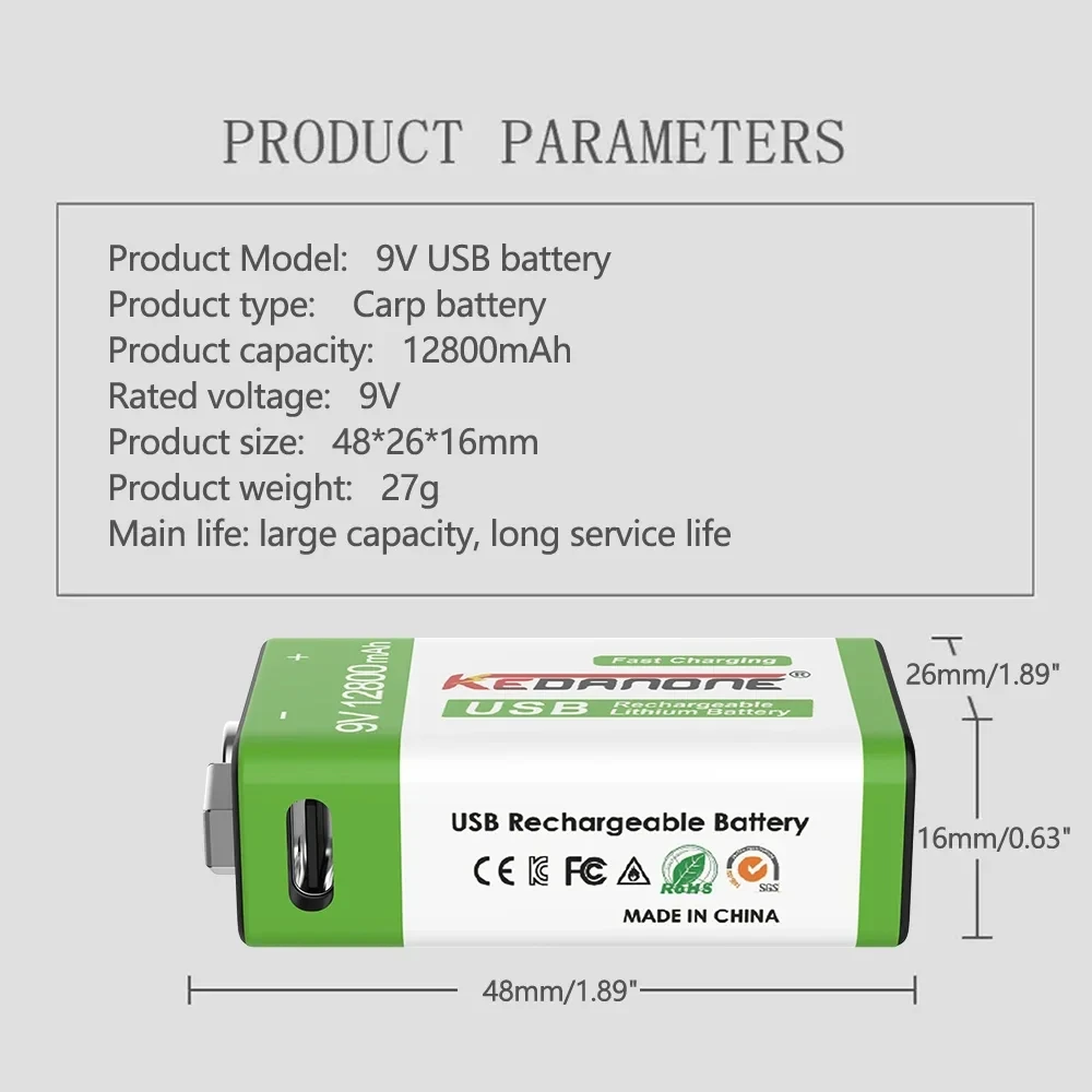 9V 12800mah Lithium-Ionen-Akku Typ-C USB-Akku 9V Lithium für Multimeter Mikrofon Spielzeug Fernbedienung KTV
