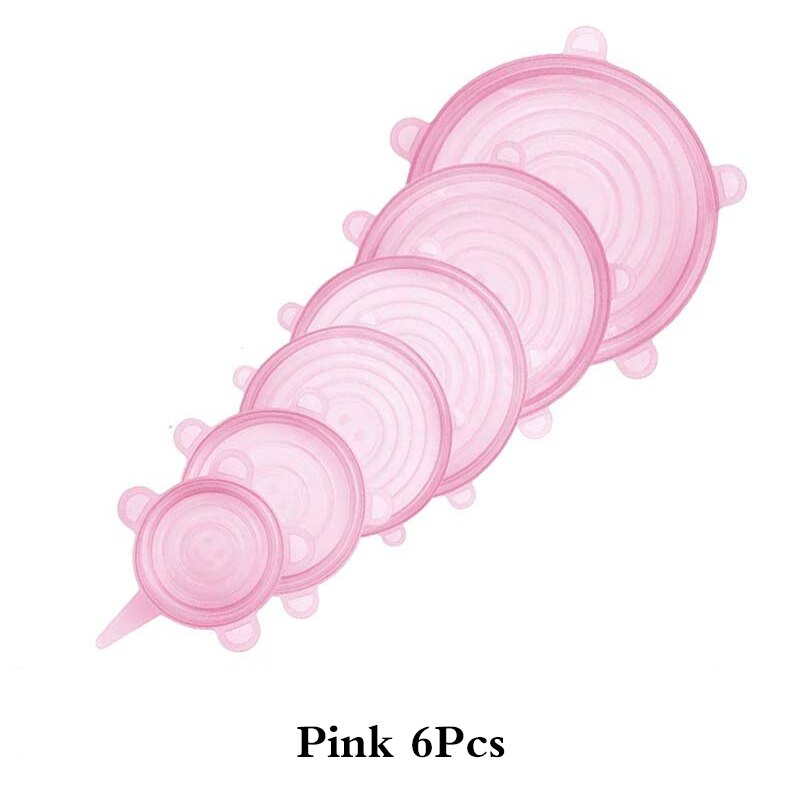 6PCS Silicone Cover Reusable Silicone Stretch Lids Adaptable Food Cap Universal Dish Airtight Lid Wrap Cover Kitchen Accessories: Round-Pink