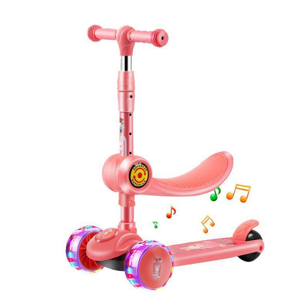 2 in 1 Klapp freundlicher Rolle Mit Faltbare Sitz Und LED Rotierenden Blinkende Räder 3 Rad Tretroller Für 3-8 jahre alt: rosa