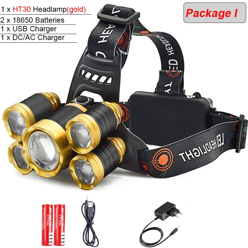 8000 Lumens 5 Led Headlamp XML T6 Head Lamp Powerful Led Headlight, with 18650 battery Flashlight Head Lights for Hiking: Package I