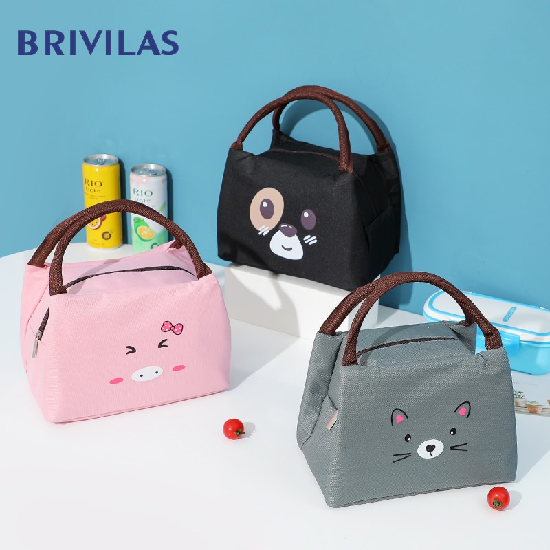 Brivilas-sac isotherme pour femmes, sacs de déjeuner dessin animé pour enfants, chien noir épais, boîte de petit déjeuner thermique, portable voyage pour pique-nique