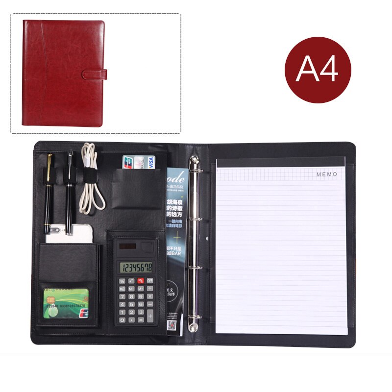 PU artificial leather folder ring binder a4 portfolio for documents padfolio briefcase with notebook cellphone holder 1210C: wine red B style