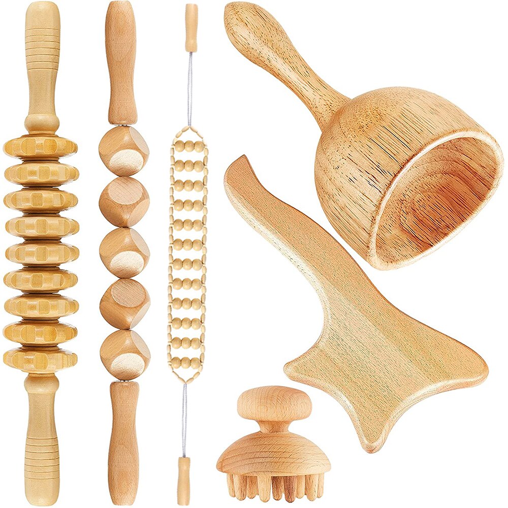 6 Pieces Wood Therapy Massage Tools Maderoterapia Kit Wood Massager Roller Wood Gua Sha Roller Manual Wooden
