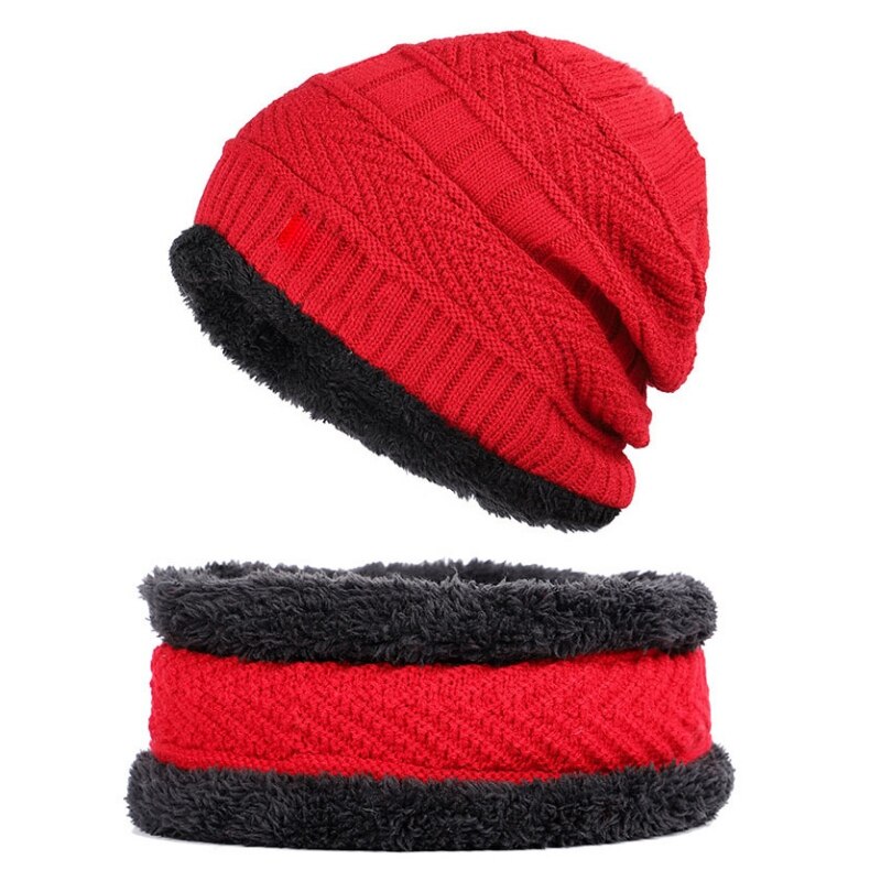 Strikket hue unisex vinter varm tyk fleece foret halsvarmer tørklæde sæt til snowboard ski skating: Rød