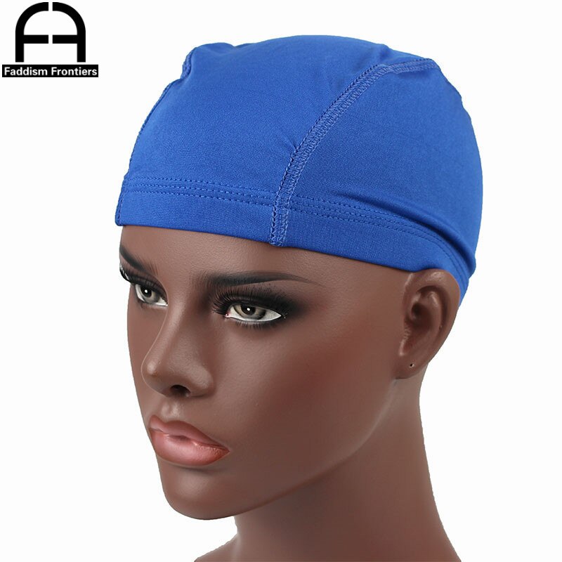 Mænds spandex sømløs kuppelhætte elastisk hovedbeklædning turban hat durag hårdæksel tilbehør kuppelhuer til mænd: Blå