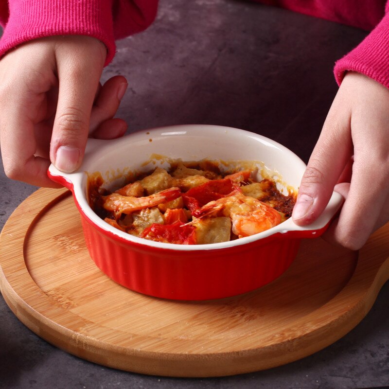 Novelty Ceramic Baking Bowl with Handle Salad Tray Barbecue Cheese Baked Rice Pie Baking Pans Round Rectangular Bakewares