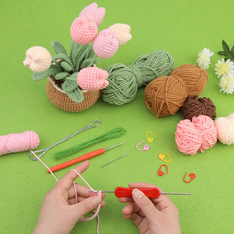 Kit de flores de ganchillo para principiantes con instrucciones, hilo de tejer, agujas de gancho, juego de accesorios de punto fácil, artesanía DIY
