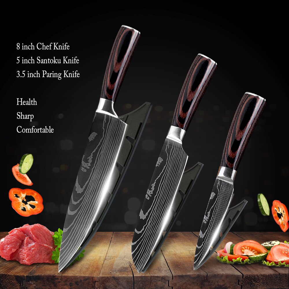 Damask Kitchen Chef Knives Set 7CR17 High Carbon Stainless Steel Sharp Utility Santoku Boning Damascus Pattern Cooking Tools: 3pcs Set 01
