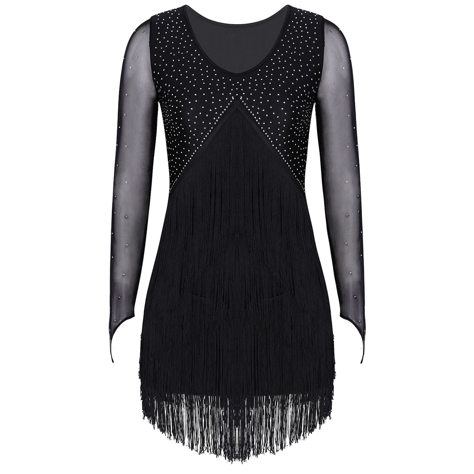 Womens See-through Mesh Long Sleeve Tassel Dance Dresses Sparkly Figure Ice Skating Latin Fringed Dress Ballroom Dancing Costume
