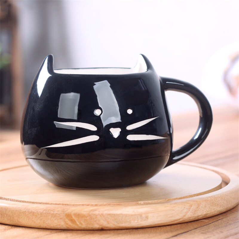 Keramisk kaffekop med underkop ske sæt sød tegneserie kat te kop morgenmad mælk kaffe krus brød dessert fad: H