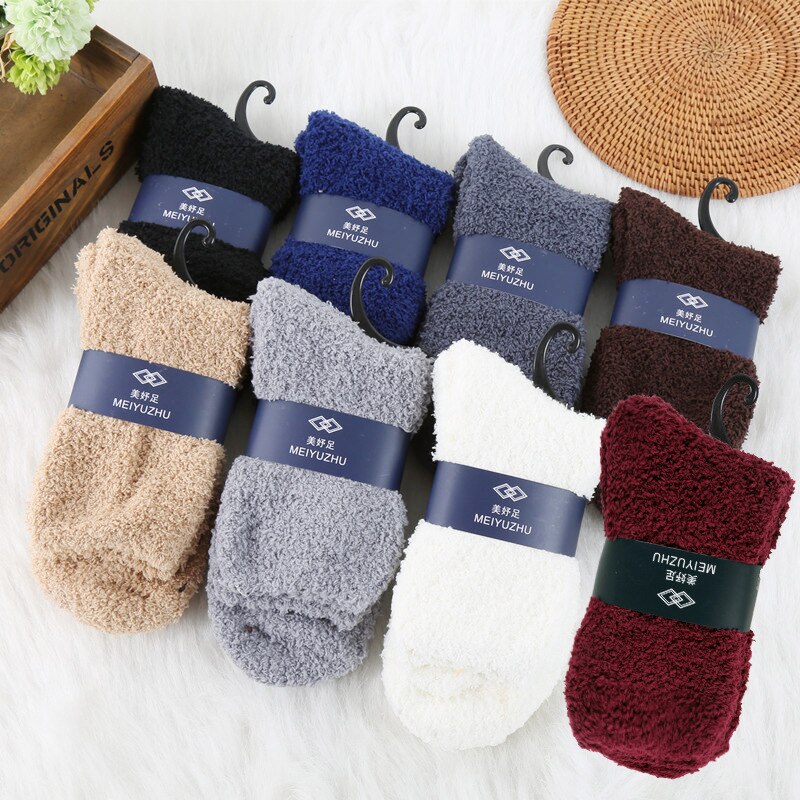 Chaussettes molletonnées pour hommes, chaudes, duveteuses, épaisses, décontractées, à la , blanches, noires, en molleton de corail