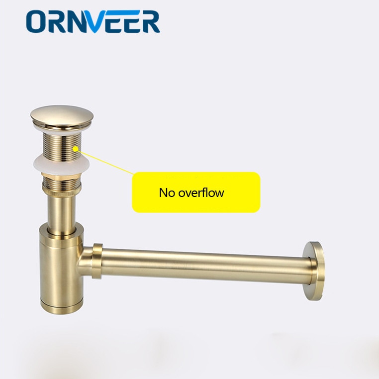 Luxury Gold Bottle Trap Brass Round Siphon Brushed Gold P-TRAP Bathroom Vanity Basin Pipe Waste With Pop Up Drain