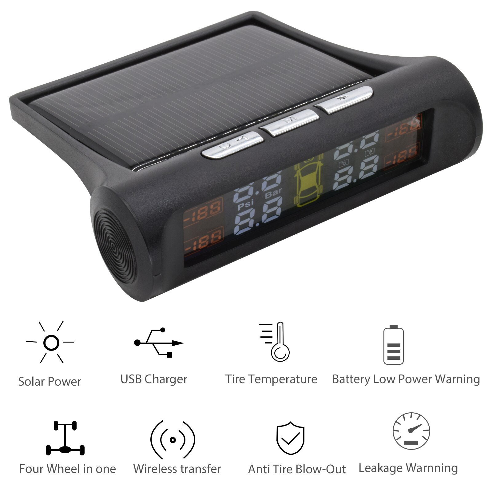 4 External Sensors USB Solar Charging Car TPMS Tire Pressure Monitoring System HD Digital LCD Display Auto Alarm tool Wireless