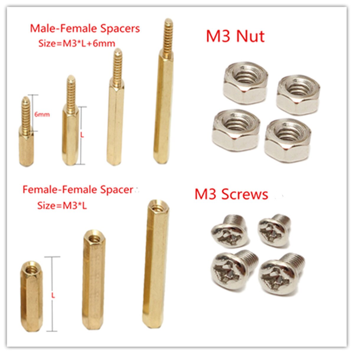 Screw 120Pcs/Set M3BH2 M3 Male Female Brass Standoff Spacer Pillar PCB Board Hex Screws Nut Assortment Kit with Box Fastener Hardware 