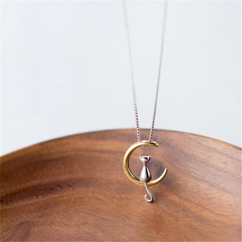 Animal 925 Sterling Silver Jewelry Korean Cute Cat Crescent Moon High Personality Pendant Necklaces H192