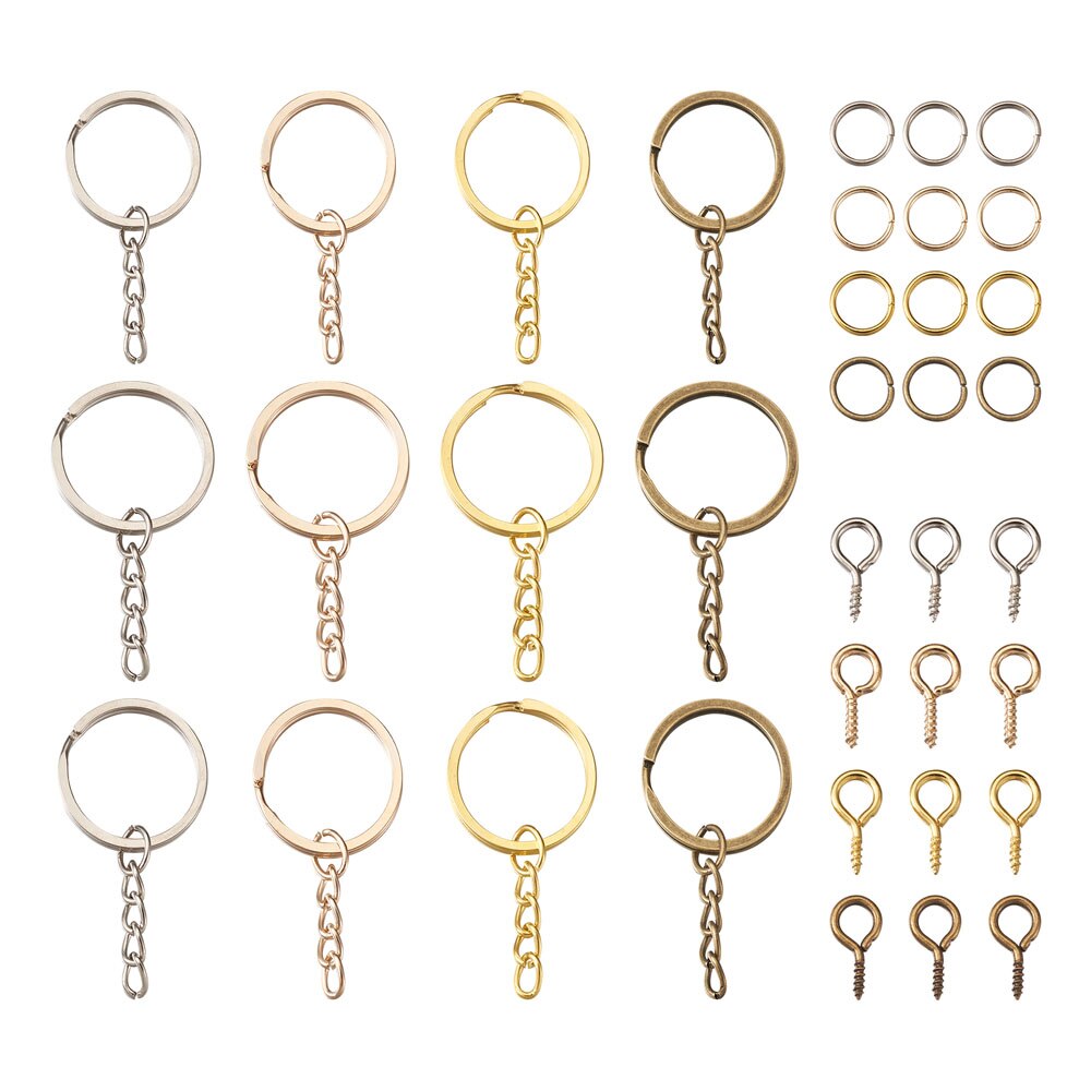 360pcs DIY Keychain Making Kits with Iron Split Key Rings Close but Unsoldered Jump Rings Alloy Iron Screw Eye Pin Peg Bails