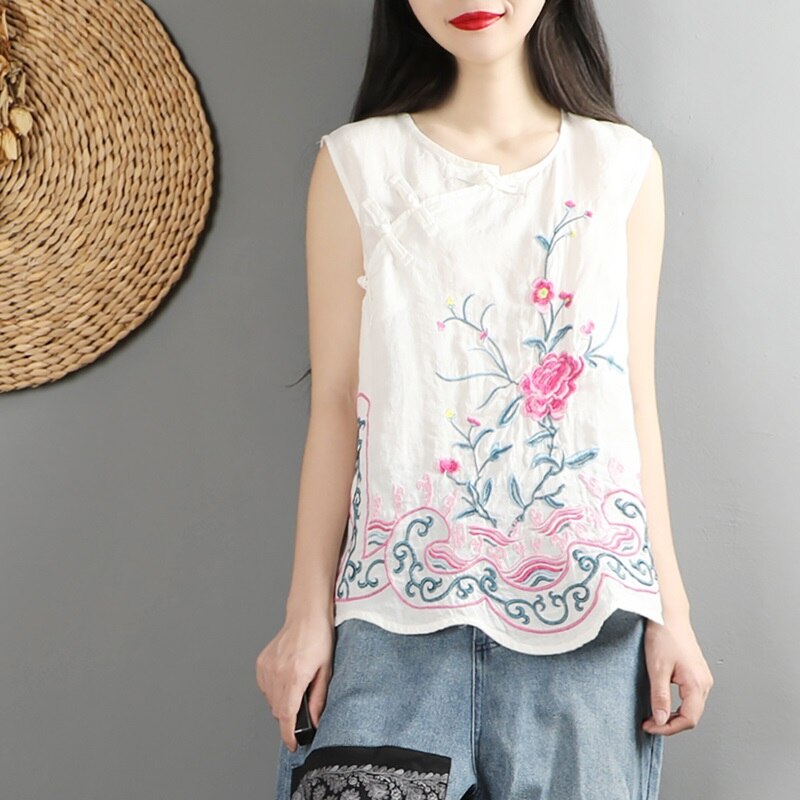 Broderi cheongsam top sommer kinesisk top tang jakkesæt ærmeløs linned skjorte traditionel kinesisk stil tøj kvinder 10716