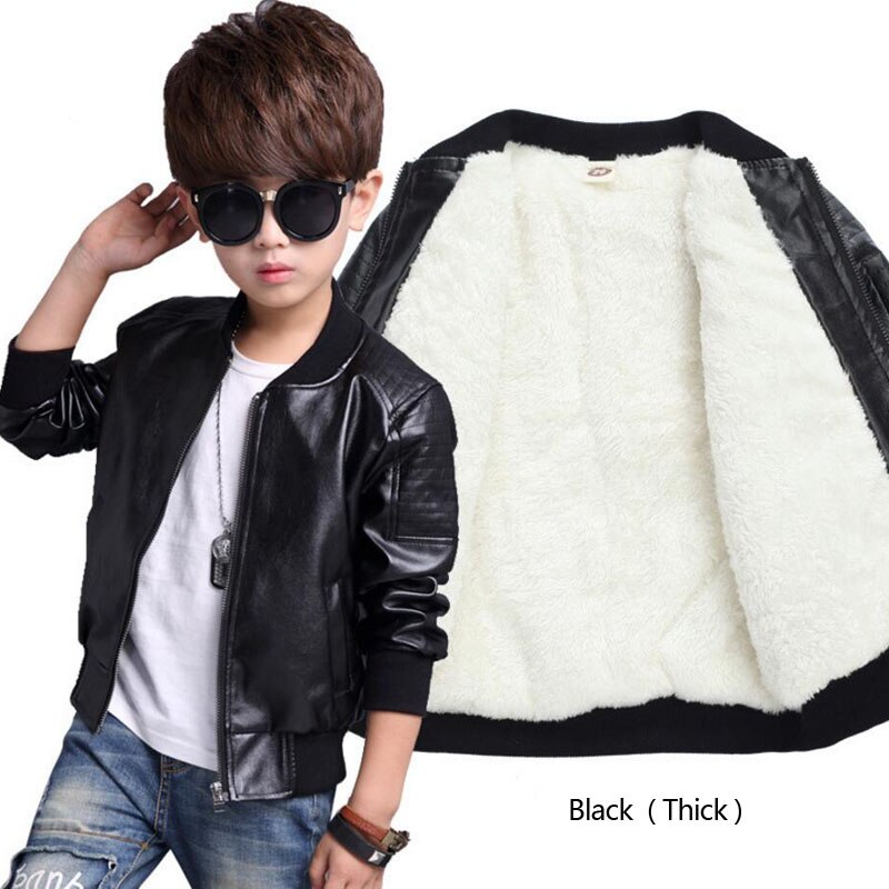 Chaqueta de cuero sintético para niño, abrigo infantil de piel sintética, para invierno: black thick jacket / 10