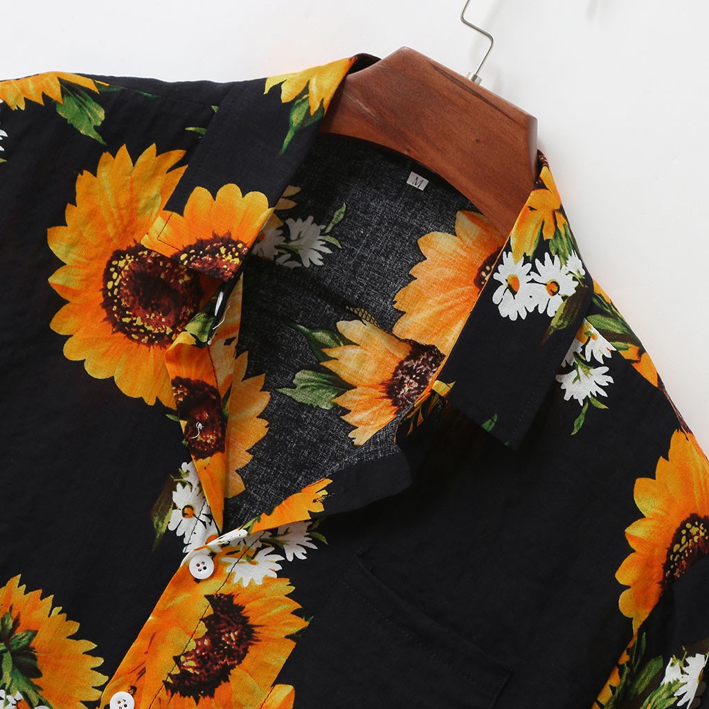 Plus size skjorter herre sommer solsikke mønster skjorter afslappet kortærmet strand løs bluse hawaiiansk skjorte  #3
