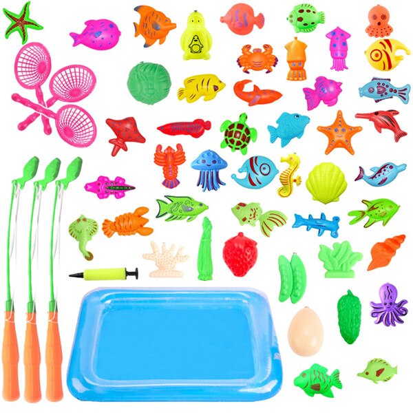Juego de juguetes de peces con piscina inflable para niños, juguete de pesca magnético, Red de caña para niños, modelo para jugar, pesca, juegos al aire libre: 52pcs with pool