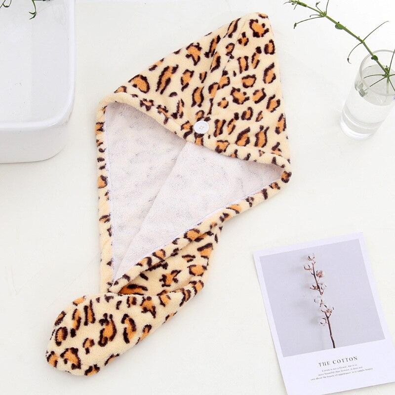 Serviette de séchage de cheveux de velours de corail serviette de cheveux d'impression de léopard de microfibre: Beige