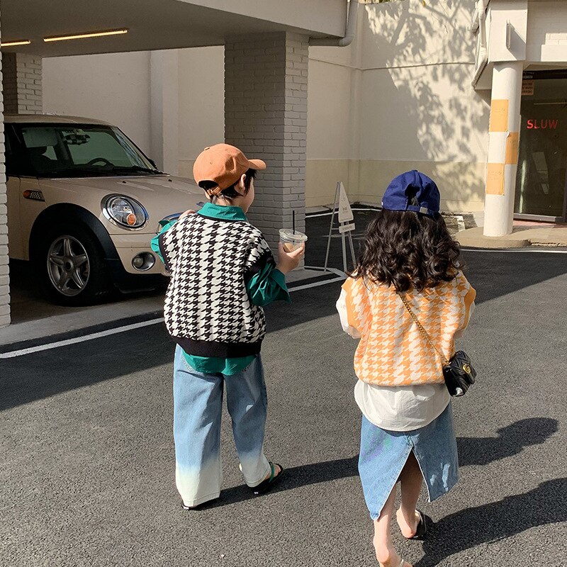 2022 Lente Unisex Mode Plaid Gebreide Vest Jongens Meisjes Losse Casual Mouwloze Truien