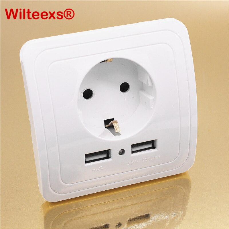 WILTEEXS Dual USB Port 5V 2A Electric Wall Charger Adapter EU Plug Socket Switch Power Dock Station Charging Outlet Panel WHITE