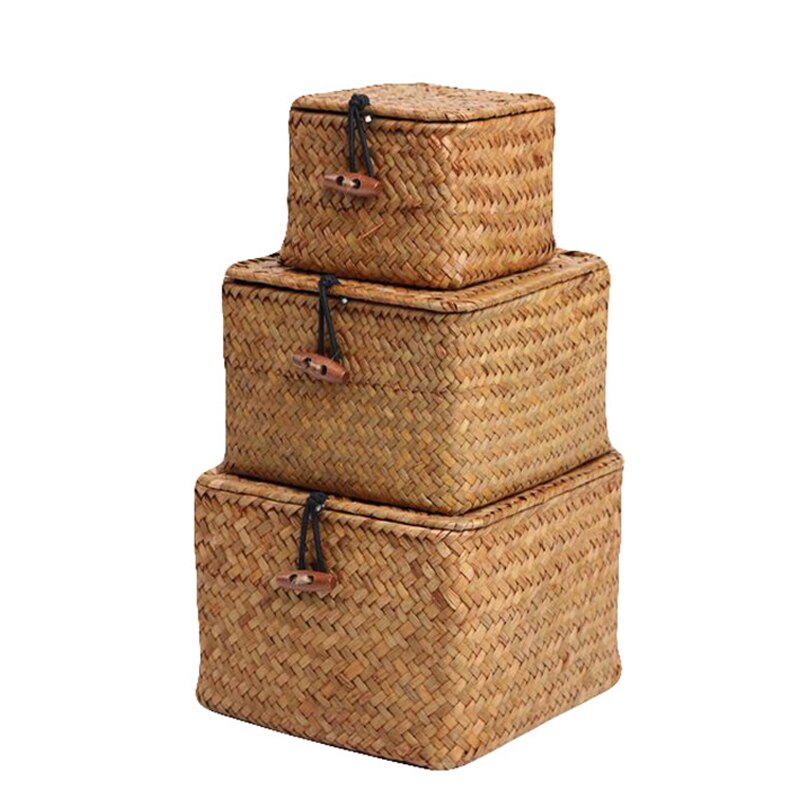 Seaweed Storage Basket Hand-woven Storage Box with Lid Sundries Cosmetic Organizer Rectangular Closet Organizer Laundry Basket