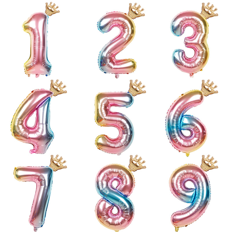 32 inch Rainbow Gradient Crown Digital Aluminum Film Balloon Baby's Birthday Party Decoration Balloon