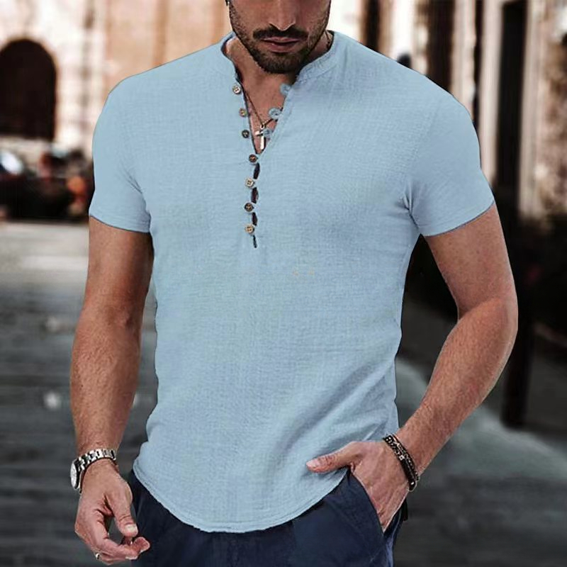 Camiseta de manga corta para hombre, camisa de lino y algodón con botones y cuello en V, ropa informal, Tops populares para hombre 2023: L / Azul cielo