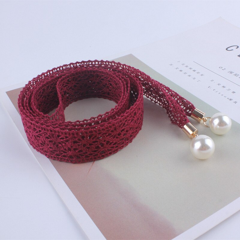 Faja hueca de encaje para mujer, Cinturón fino de perlas, cuerda para vestidos, banda de cintura de borla, cinturón con nudo decorado, cinta estrecha negra: wine red