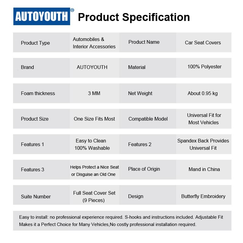 Autoyouth Vlinder Borduurwerk Auto Bekleding Set Universele Fit Meest Auto-interieur Accessoires Zwarte Stoelhoezen Auto Accessoires