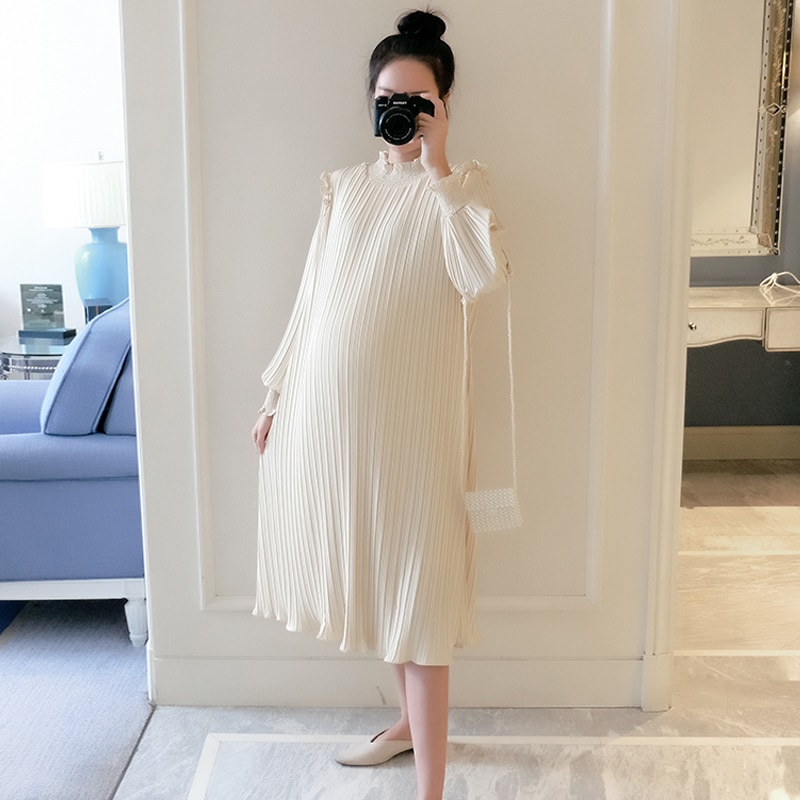2022 forårskoreanske lange graviditetskjoler sødt plisseret løst tøj til gravide kvinder graviditetstøj
