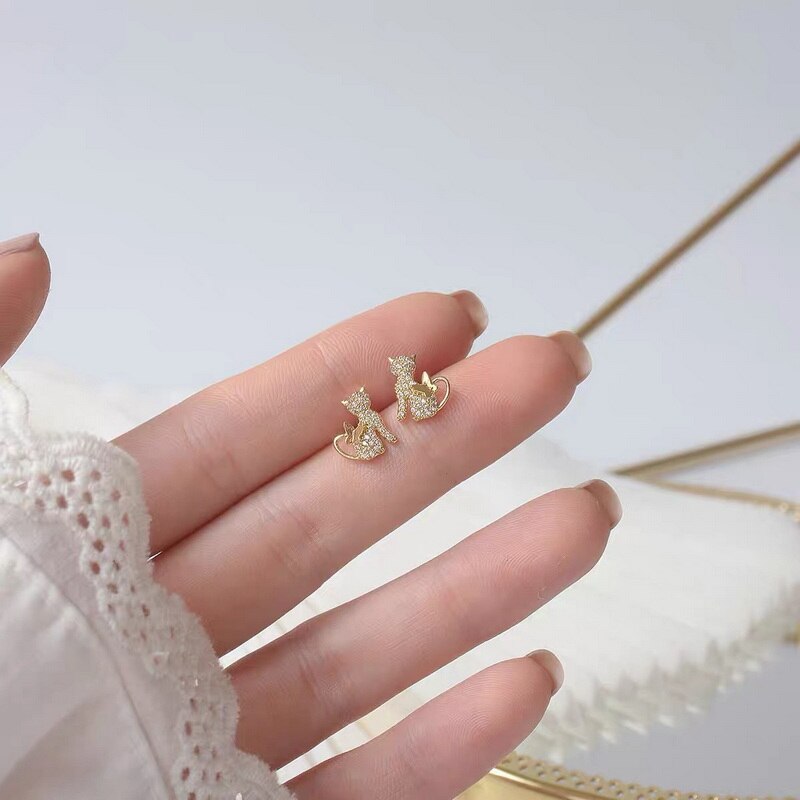 Boucles d'oreilles en Zircon de Style coréen pour femmes, bijoux en cristal brillant, chat, papillon, fleur en forme de cœur, bijoux délicats pour filles: 3