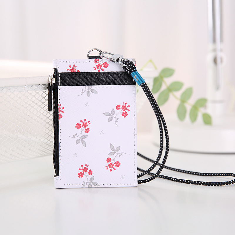 Purdored 1 peça suporte de cartão floral fofo feminino flores titular cartão caso de identidade com cordão id ic porta cartão com chaveiro: white flower