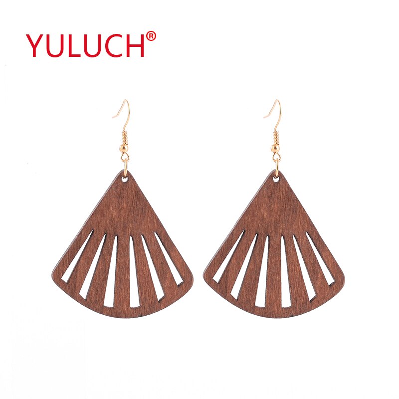 YULUCH Ethnic woman earring for wooden fan-shaped hollow pendant earrings jewelry