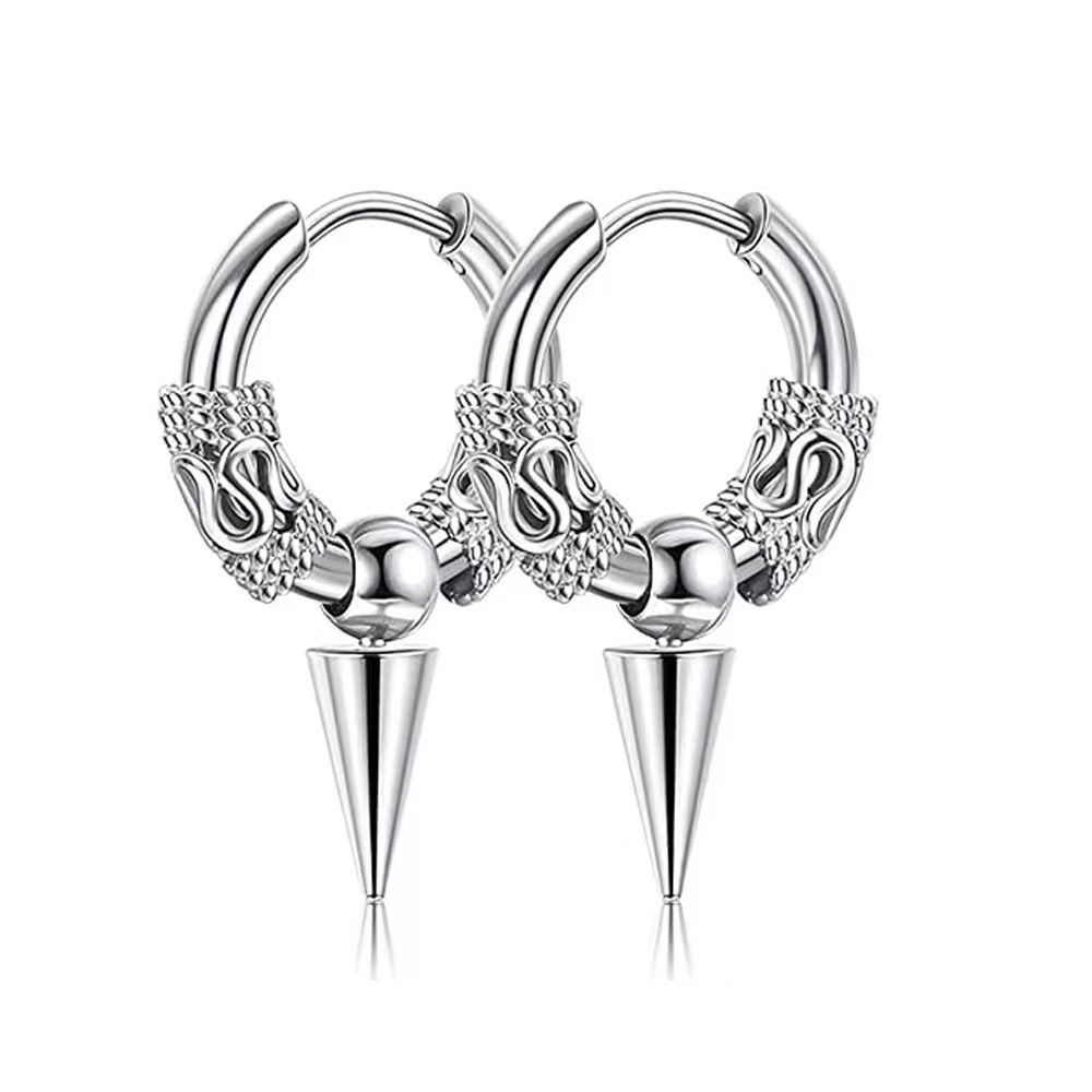 1 par de pendientes vikingos de acero inoxidable Punk, pendientes de aro de tótem de círculo redondo para hombres y mujeres, Huggie Hip Hop de 12mm, 14mm y 16mm: Blanco / Bañado en rodio de imitación