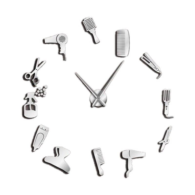Diy Barber Shop Giant Wall Clock with Mirror Effect Barber Toolkits Decorative Frameless Clock Watch Hairdresser Barber Wall Art: Silver