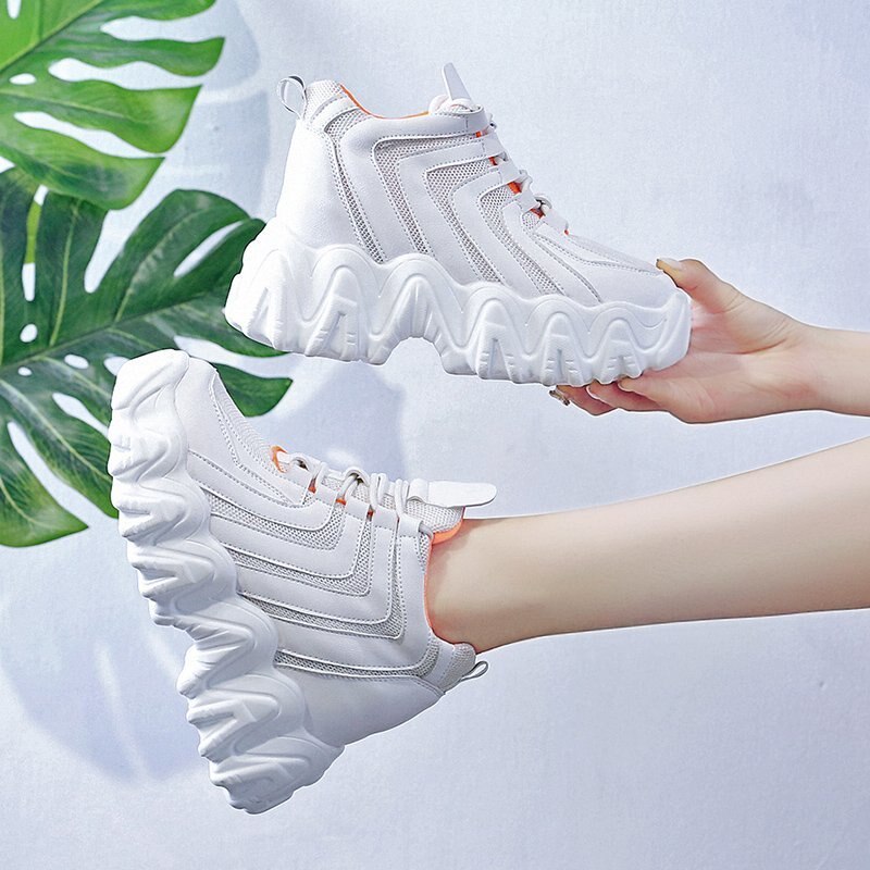 Høst kvinner kile joggesko plattform 10cm høyde økende gule fritidssko dame chunky vulkanisere sko kvinne: Hvit / 39