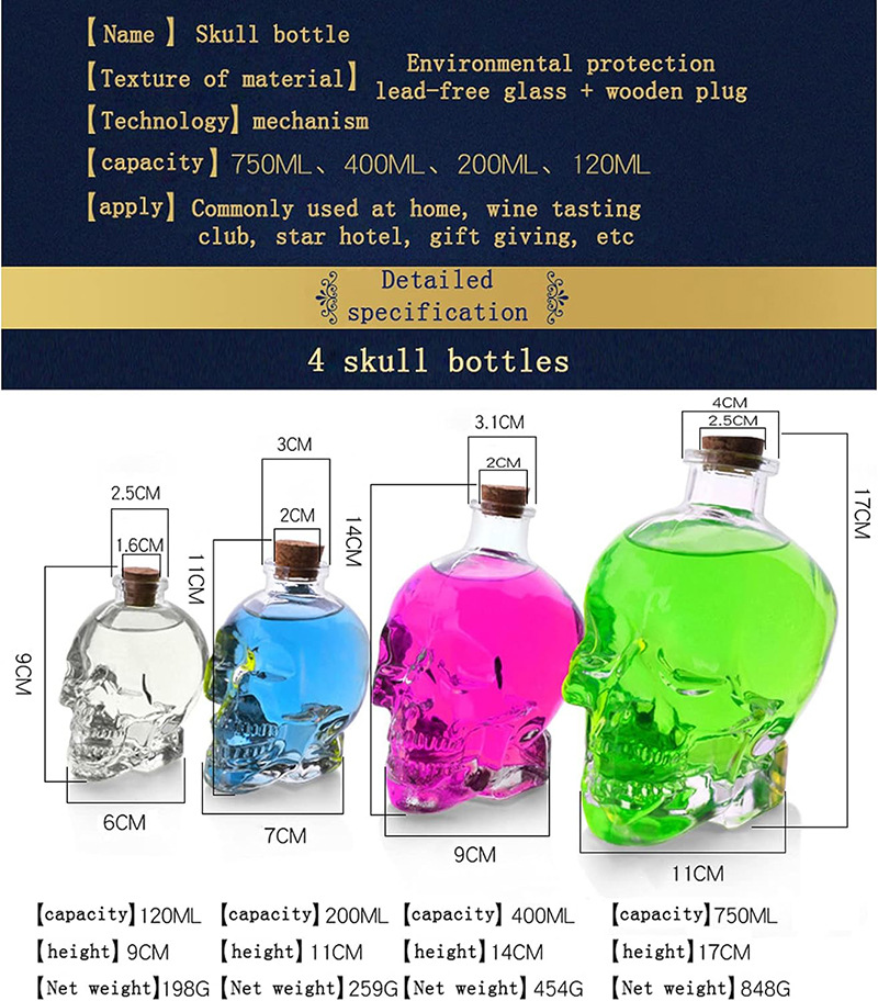 Totenkopf-Dekanter, bleifreie 3D-Totenkopf-Flasche aus Glaskristall mit Korkstopfen, Totenkopf-Einmachglas für Wodka