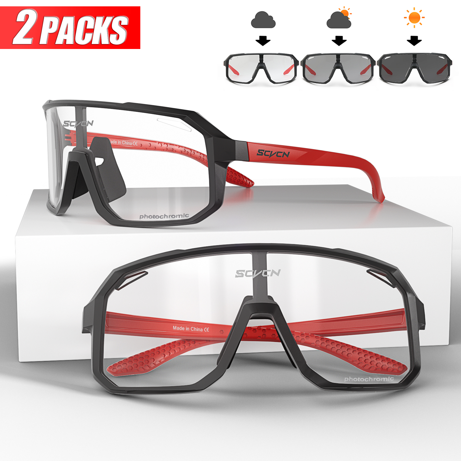 2 Packs Fotochromische Fietsen Zonnebril Mtb Fietsbril Bril Fiets Mountainbike Heren Sport Brillen Brillen: Blauw