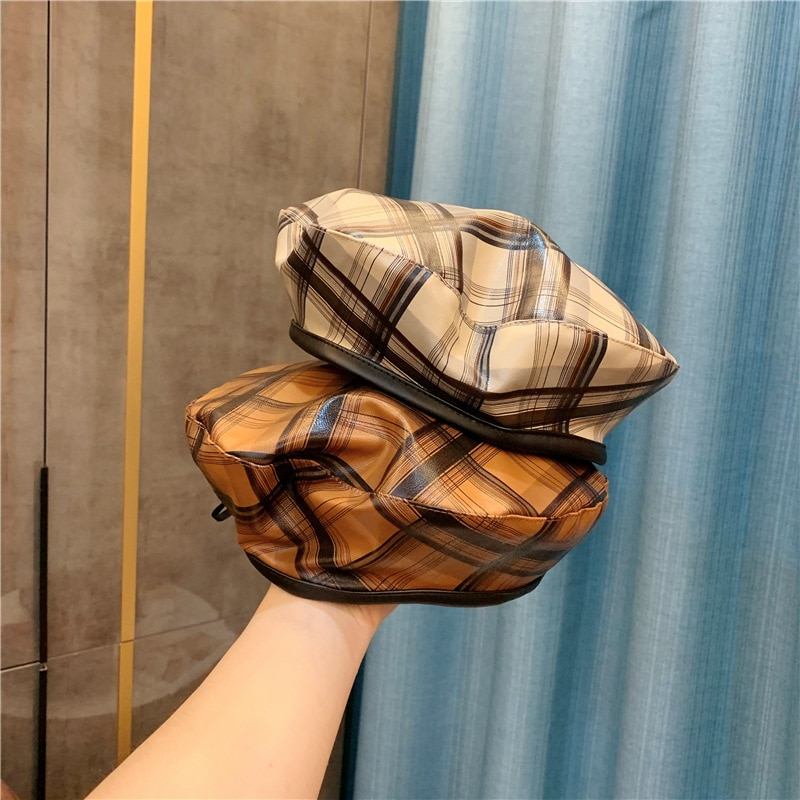 202008- banjian 27 britiske plaidwaterproofpvc belegg streetberetat menn kvinner fritid maleren hatt