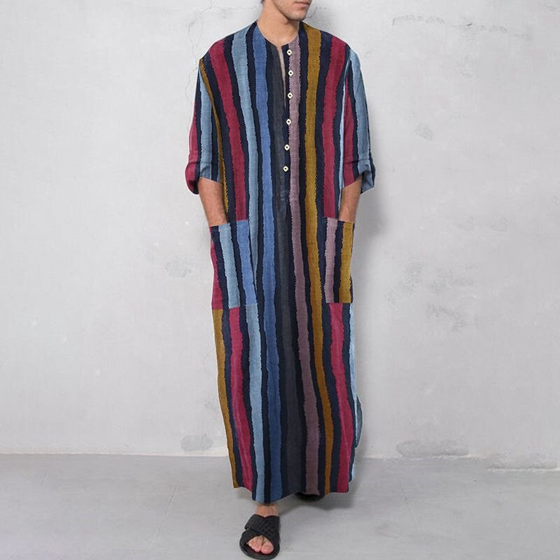 Camisa masculina muçulmano, 3xg, colorida, estilo longo, listrada, manga comprida, roupas maxi soltas com dois bolsos grandes, tamanho grande