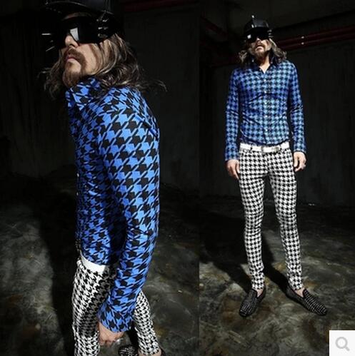 M-xxl! heren gd dj lente heren overhemd wit pied-de-poule slank overhemd met lange mouwen slank podium zanger kostuums kleding: Blauwe pied-de-poule / M