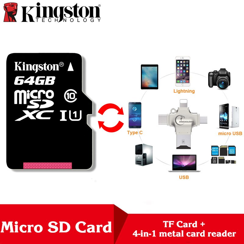 Kingston Microsd 8gb 16gb 32gb 64gb 128gb 256gb Memory Card Class 10 SDHC TF Card With Card Adapter/Reader for iphone&Laptop: TF64-R010-Reader