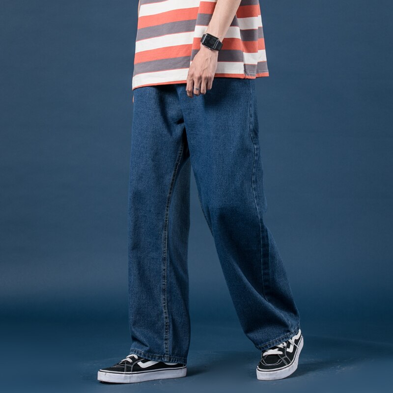 Lyse jeans herre efterår lige løse herrebukser koreansk stil trendy brede ben mopping daddy bukser: Mørkeblå / S  40-47( kg)